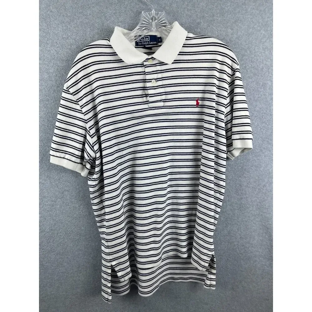 Polo Ralph Lauren Shirt Men's M White Striped‎ Short Sleeve Terry 90s Casual